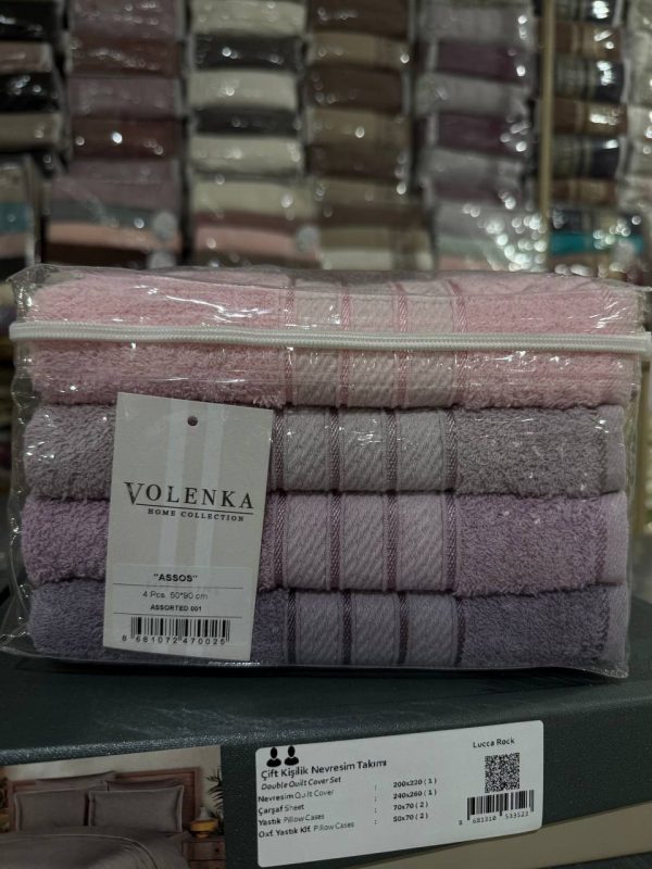 набір рушників Volenka ASSOS, махрові рушники для обличчя, рушники 50×90, рушники в упаковці, подарунковий набір рушників, рушники для дому, якісні махрові рушники, комплект рушників 4 шт, рушники Volenka купити, м’які рушники