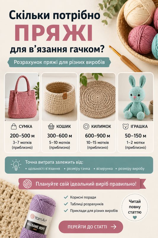 Скільки потрібно пряжі для в’язання гачком – таблиця розрахунку пряжі для різних виробів