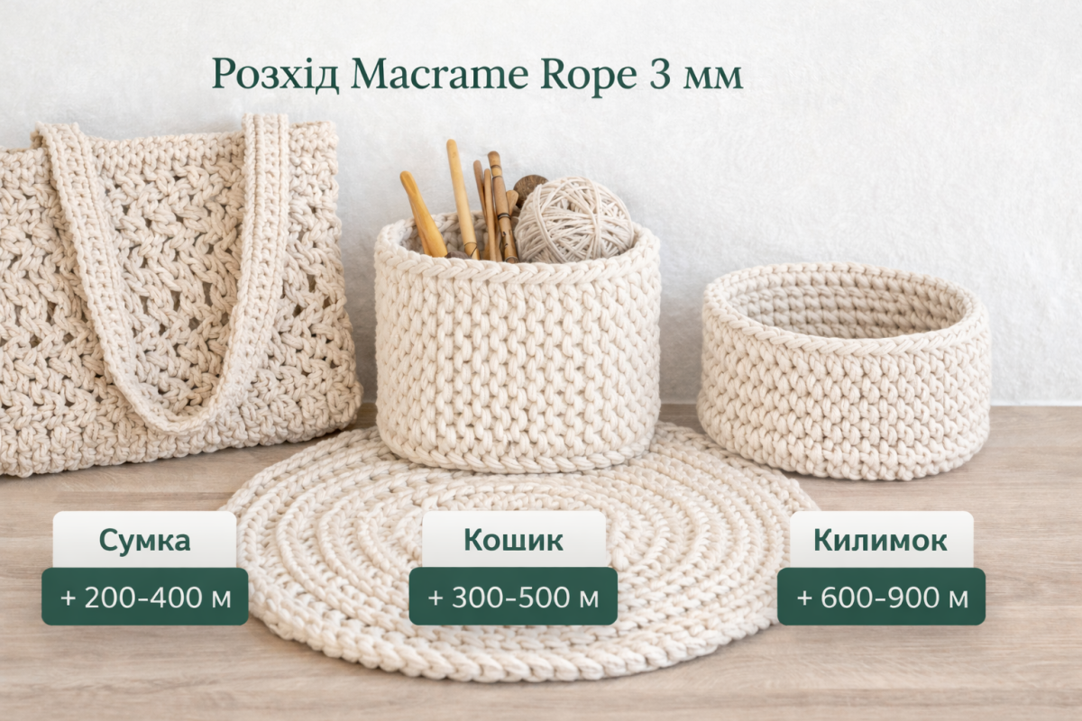 Macrame Rope 3 мм — розхід на сумку, кошик, килимок та інші вироби