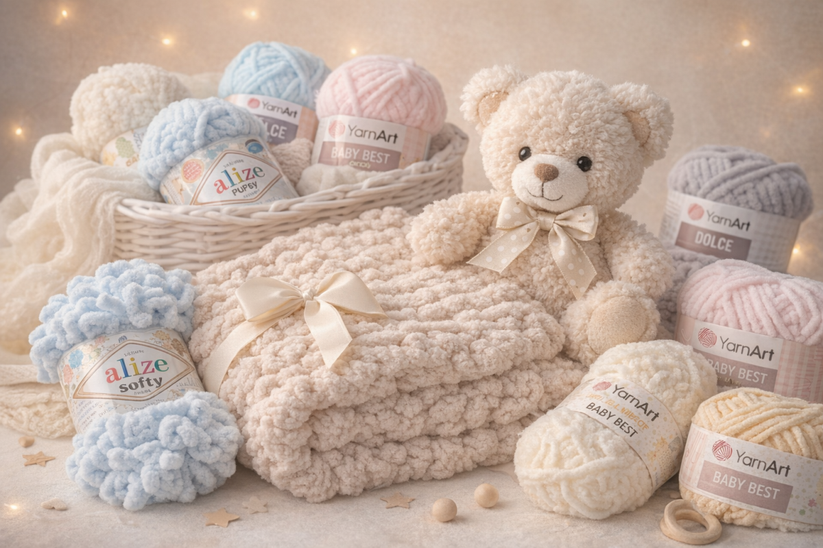 Пряжа для дитячого пледа Alize Puffy, YarnArt Dolce, Velutto, Softy та Baby Best