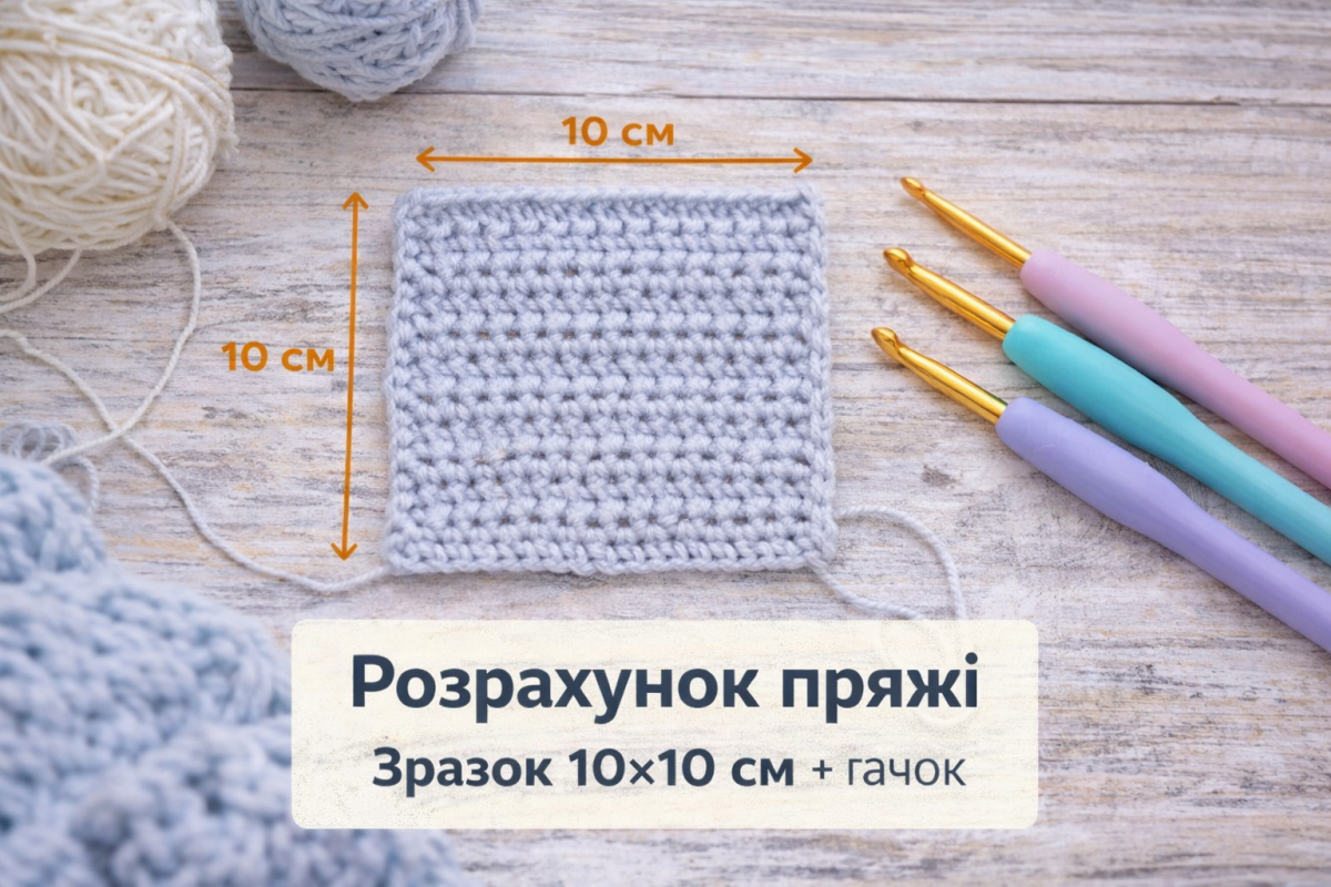 Зразок 10×10 см для розрахунку розходу пряжі гачком та підбір товщини гачка