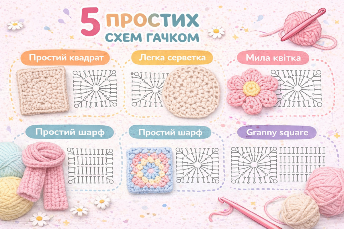 5 простих схем для в'язання гачком для початківців 2 Прості схеми в’язання гачком для початківців: квадрат, серветка, шарф, квітка та granny square зі схемами та прикладами