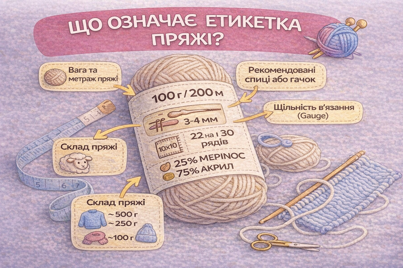 Що означають позначки на етикетці пряжі – склад, метраж, спиці та догляд