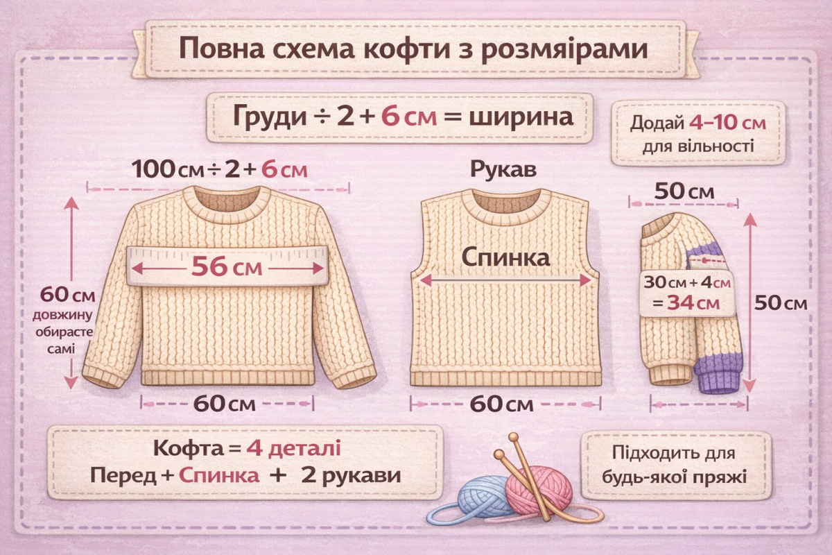 🧶 Як зв’язати кофту під свій розмір (проста формула + схема) 2 👉 як зв’язати кофту схема з розмірами розрахунок кофти спицями