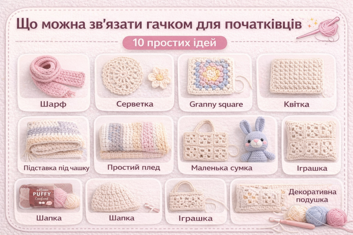 10 простих ідей що можна звязати гачком для початківців: шарф, серветка, granny square, квітка, підставка під чашку, плед, сумка, іграшка, шапка