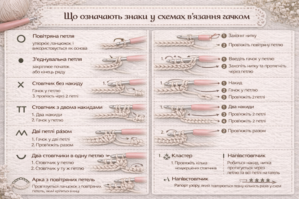 знаки у схемах в’язання гачком та як пров’язуються основні петлі