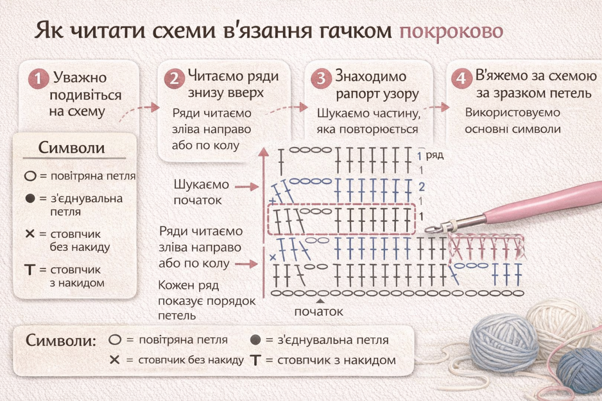 Як читати схеми в’язання гачком: покрокове пояснення 2 як читати схеми вязання гачком покрокове пояснення