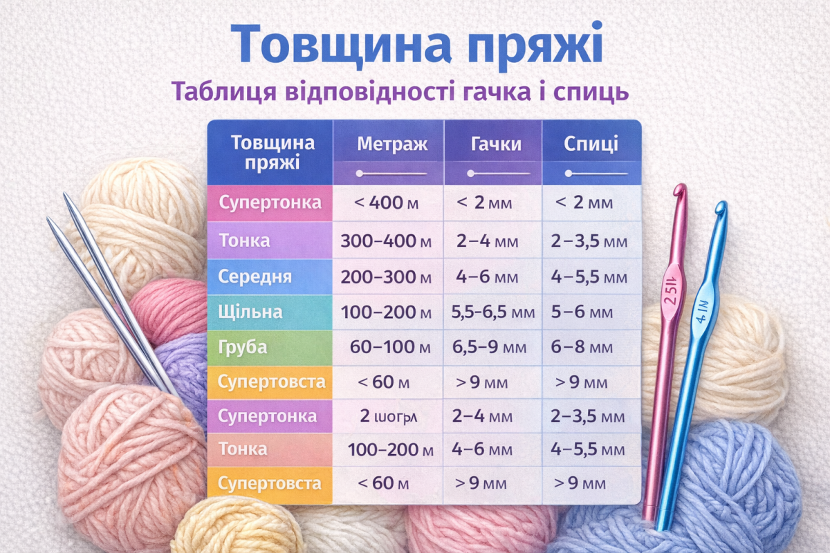 Таблиця товщини пряжі: метраж, гачки і спиці для різної товщини пряжі
