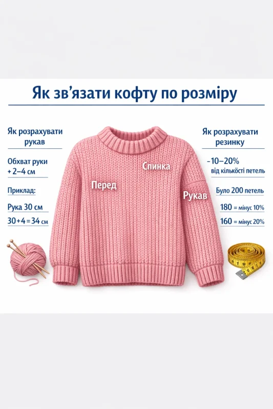 як звязати кофту по розміру схема розрахунку рукава і резинки скільки петель набирати на кофту