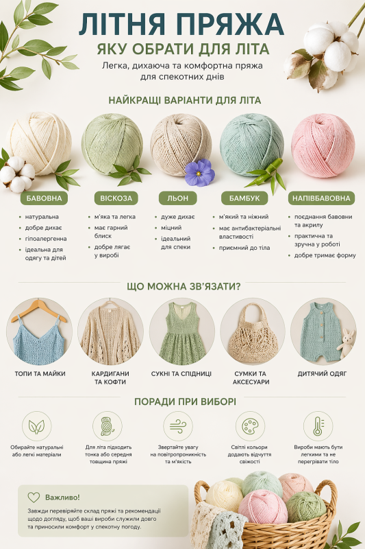 Літня пряжа – яку обрати для літа бавовна віскоза льон бамбук напівбавовна