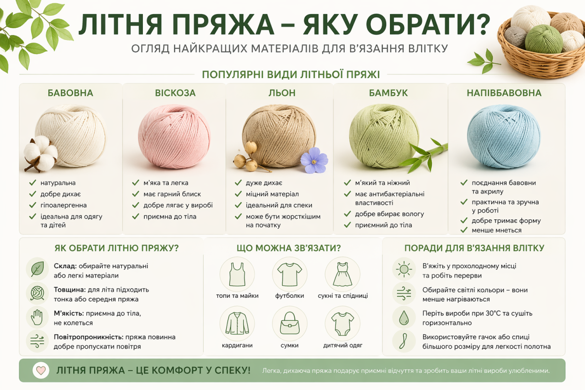 Літня пряжа – яку обрати для літа порівняння бавовни віскози льону бамбука та напівбавовни