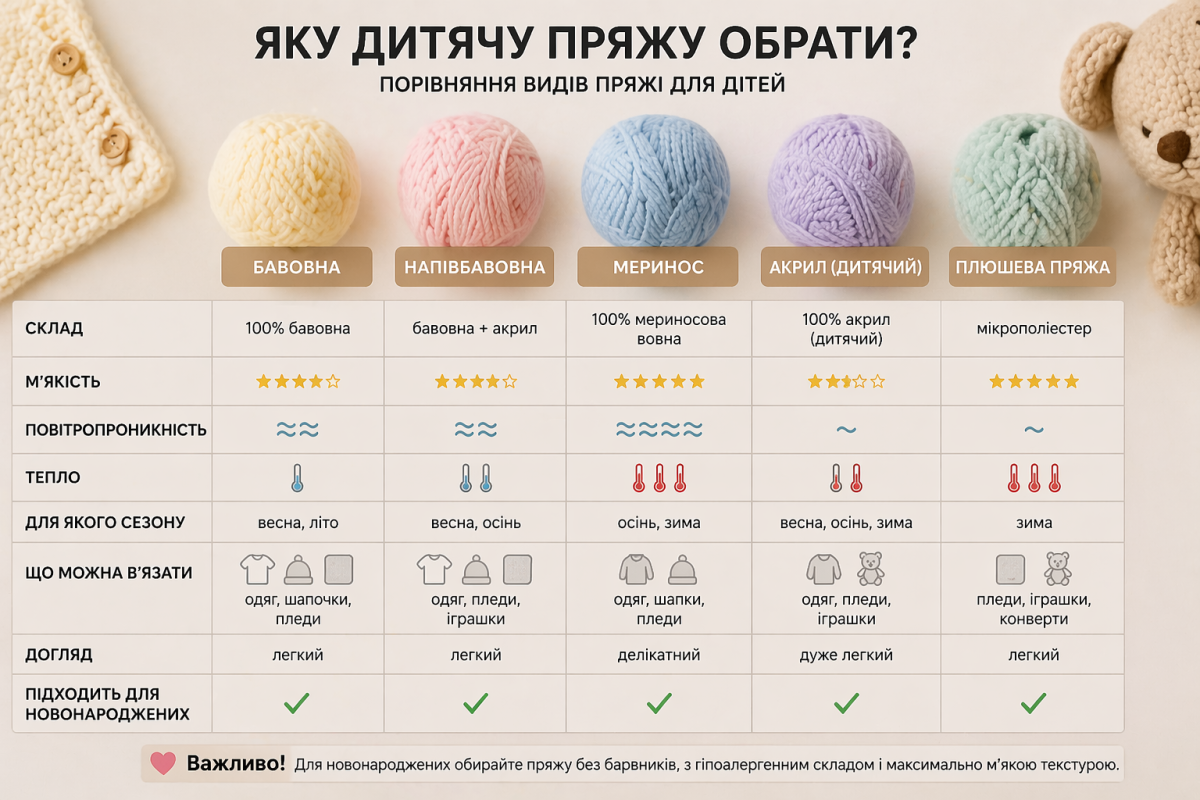 Дитяча пряжа – яку обрати для новонароджених і дітей 2 Яку дитячу пряжу обрати – порівняння бавовни, напівбавовни, мериноса, акрилу та плюшевої пряжі