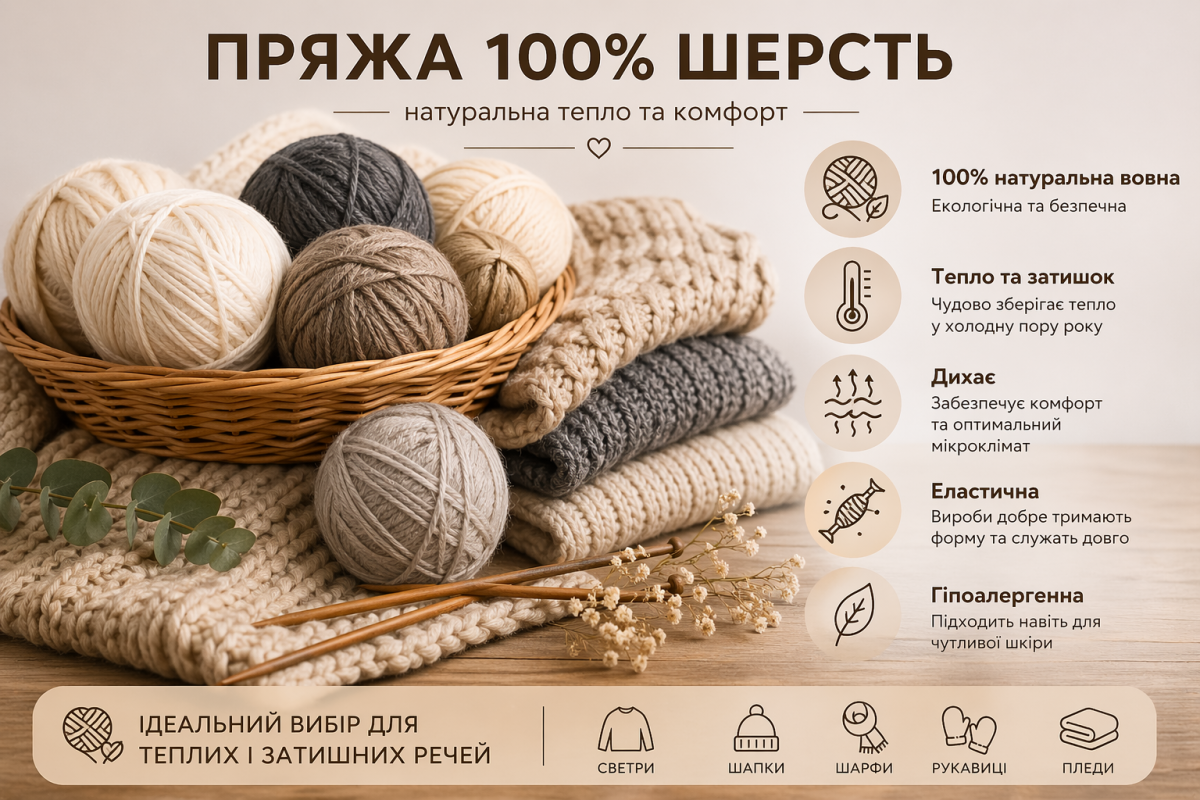 Пряжа 100% шерсть – тепла натуральна вовняна пряжа для светрів шапок шарфів і пледів