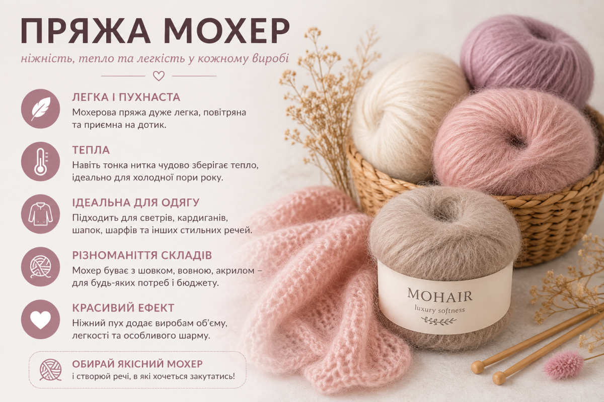 Пряжа мохер – легка пухнаста пряжа для светрів, кардиганів, шапок і зимових виробів