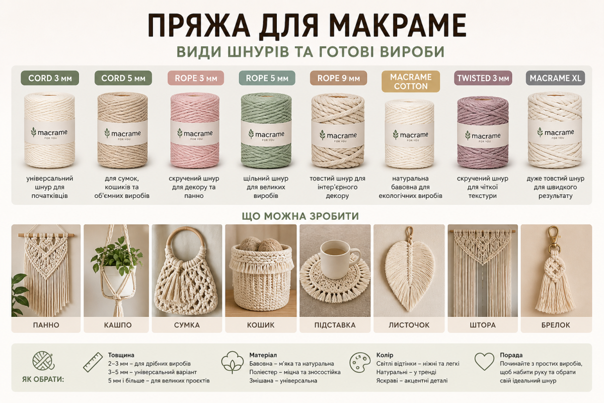 Пряжа для макраме Cord 3 мм, Rope 5 мм та приклади виробів – сумки, кашпо, панно, кошики
